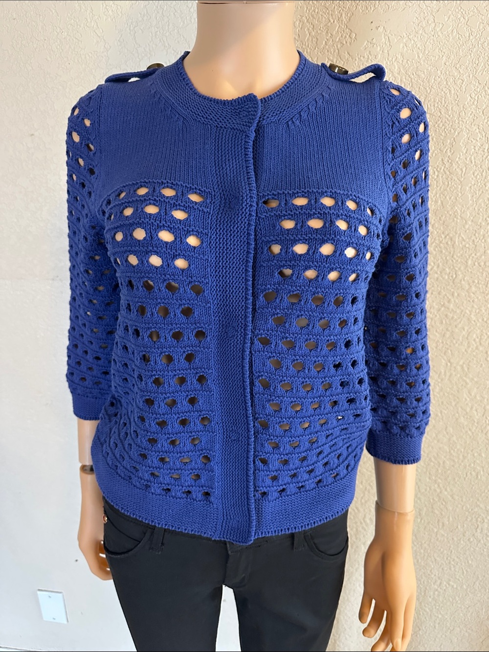 See By Chloé Royal Blue Openwork Button-Front Cardigan
